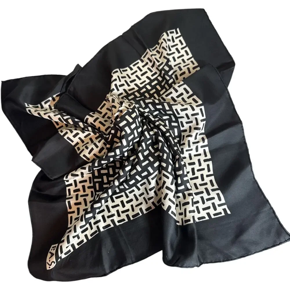 P.A.S. Silk Scarf 30” Square Black Ivory Geometric Print Satin Neck Scarf